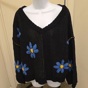 NWT POL Black V-Neck Sweater with Blue and Yellow Daisies